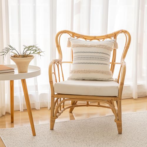 BUIOVBEY Boho Throw Pillow Covers 18x18 Set of 2 Woven Tufted Farmhouse Pillows Cover with Tassels Textured Striped Cushion Case Neutral Pillow Cases Decorative Pillowcase for Sofa, Couch, Bed, Khaki - Image 4