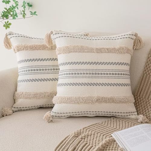 BUIOVBEY Boho Throw Pillow Covers 18x18 Set of 2 Woven Tufted Farmhouse Pillows Cover with Tassels Textured Striped Cushion Case Neutral Pillow Cases Decorative Pillowcase for Sofa, Couch, Bed, Khaki - Image 1