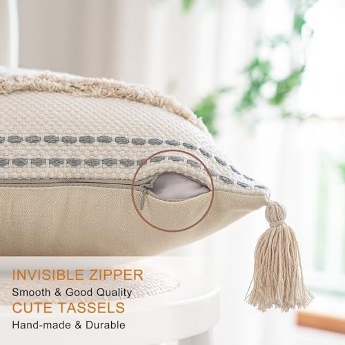 BUIOVBEY Boho Throw Pillow Covers 18x18 Set of 2 Woven Tufted Farmhouse Pillows Cover with Tassels Textured Striped Cushion Case Neutral Pillow Cases Decorative Pillowcase for Sofa, Couch, Bed, Khaki - Image 3