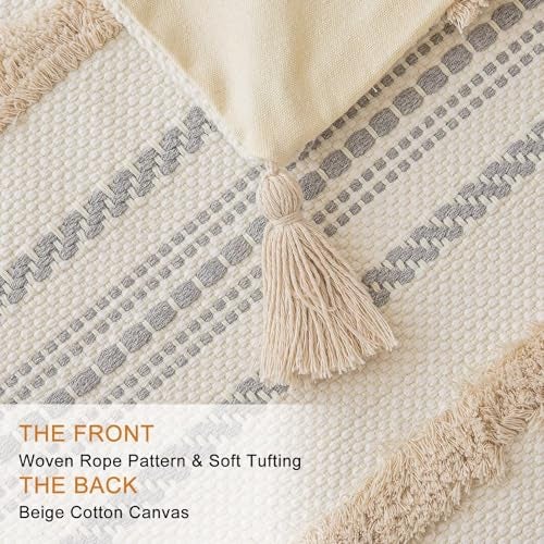 BUIOVBEY Boho Throw Pillow Covers 18x18 Set of 2 Woven Tufted Farmhouse Pillows Cover with Tassels Textured Striped Cushion Case Neutral Pillow Cases Decorative Pillowcase for Sofa, Couch, Bed, Khaki - Image 2