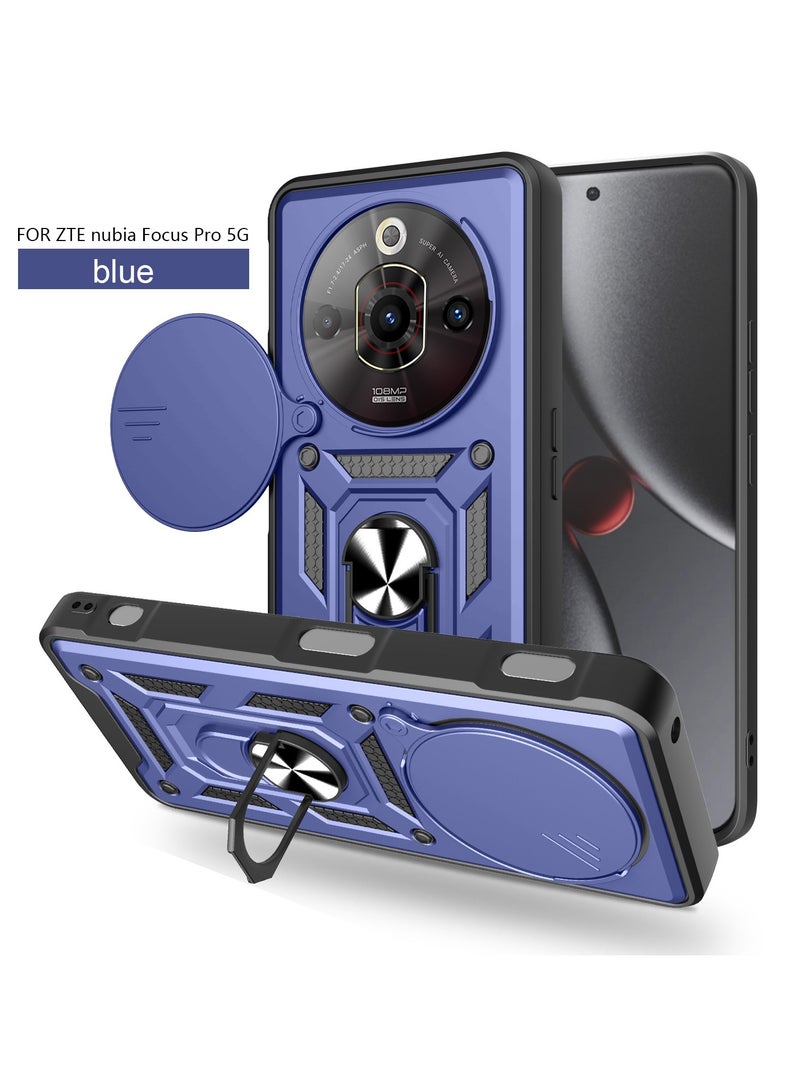 غلاف متوافق مع هاتف ZTE nubia Focus Pro 5G - مزود بحماية عدسة منزلقة مدمجة + حامل حلقي دوار 360° مع حماية المفصلة، بتصميم قابل للطي