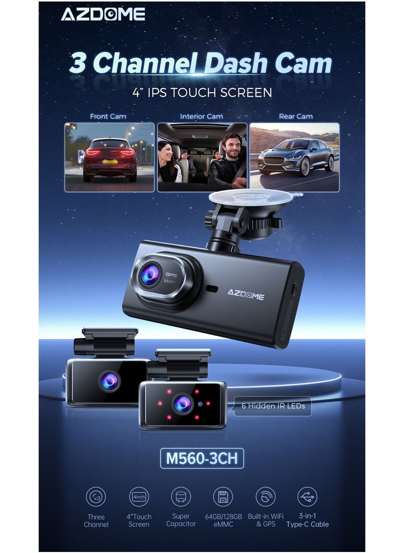 AZDOME - M560 3 Channel Dash Cam Built In WiFi & GPS Car Camera With 64G eMMC - Image 1