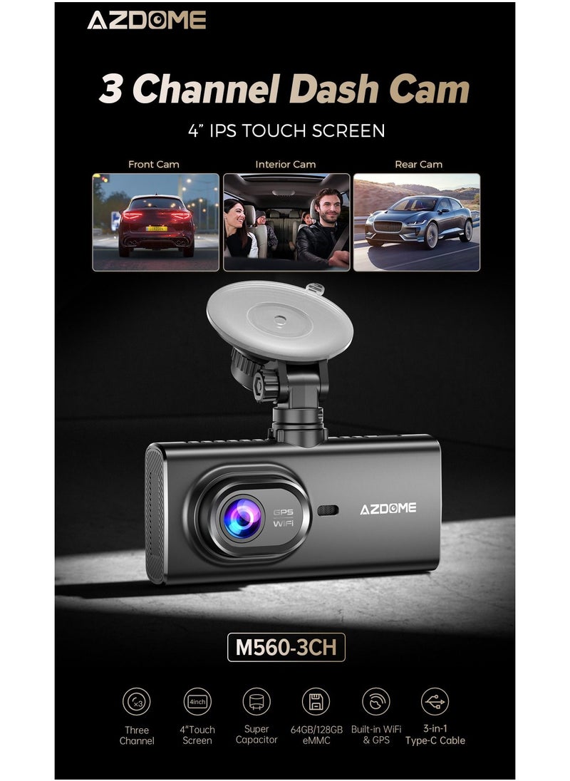 AZDOME - M560 3 Channel Dash Cam Built In WiFi & GPS Car Camera With 64G eMMC - Image 1