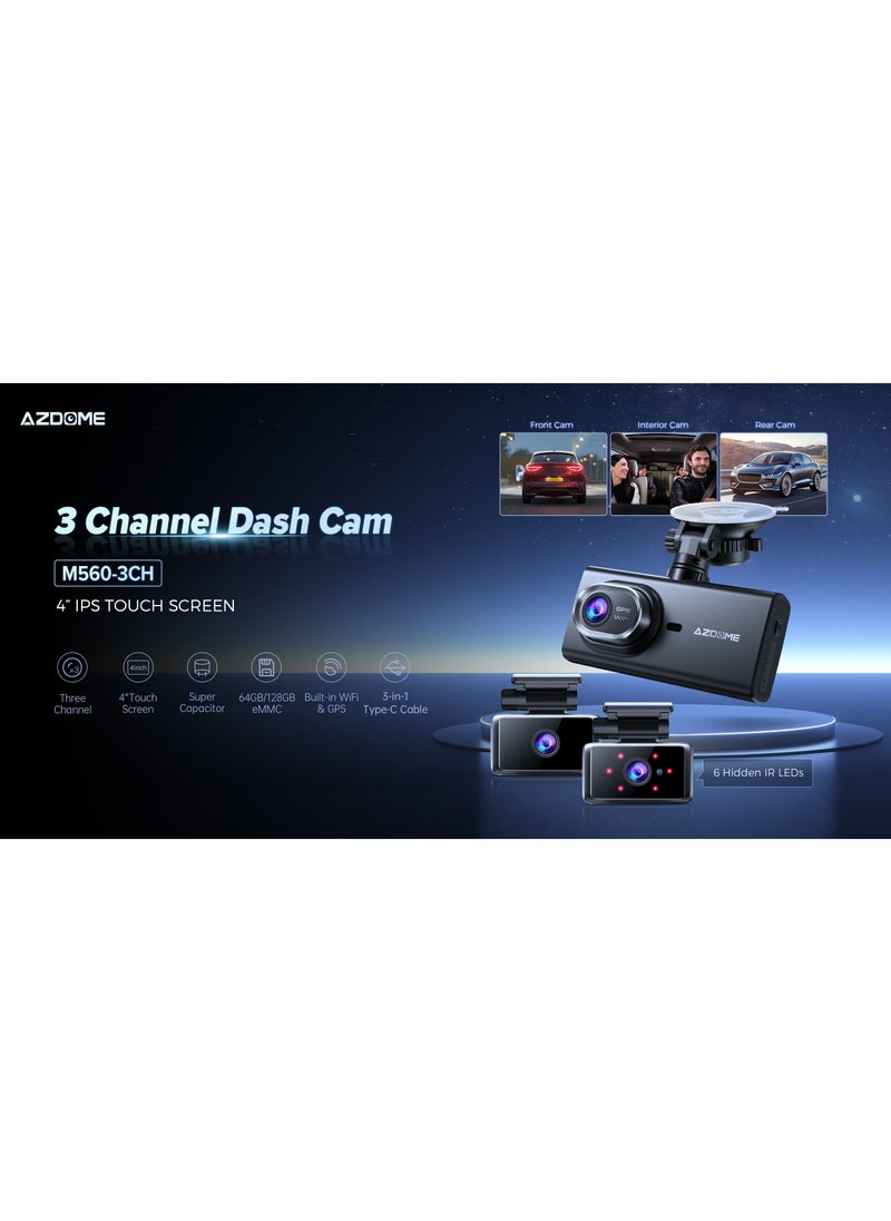 AZDOME - M560 3 Channel Dash Cam Built In WiFi & GPS Car Camera With 64G eMMC - Image 1