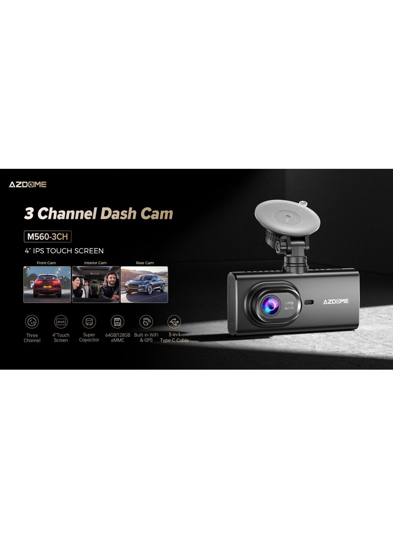 AZDOME - M560 3 Channel Dash Cam Built In WiFi & GPS Car Camera With 64G eMMC - Image 1