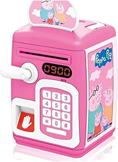 Smart kids' safe with fingerprint and password, automatically dispenses money with music and lights, featuring a cute design and cartoon characters.