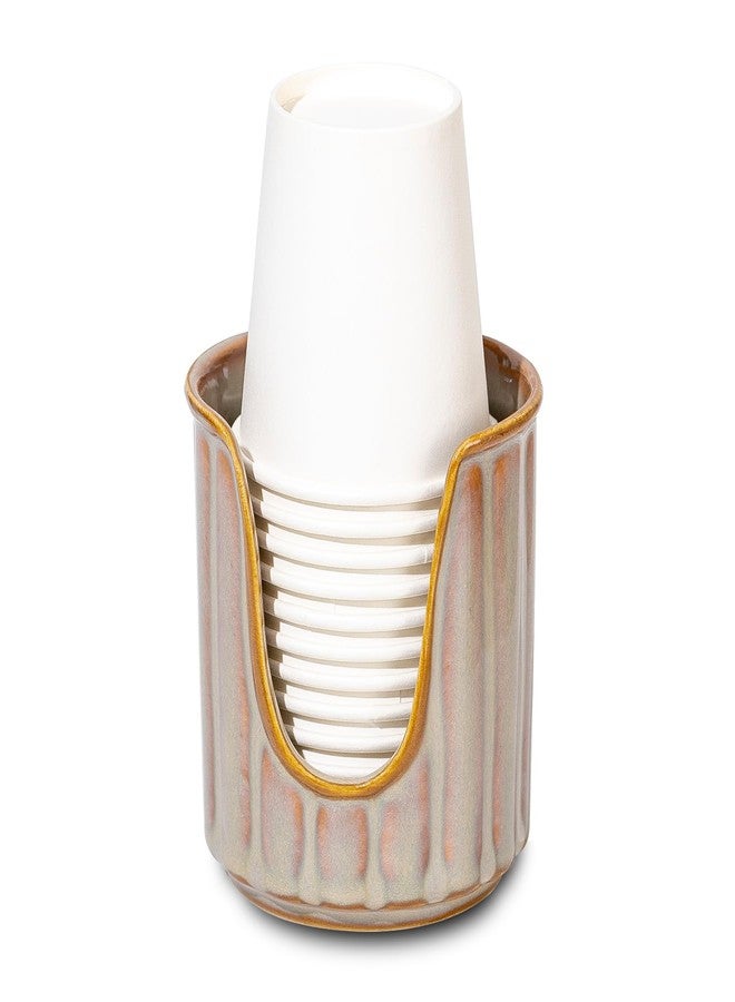 TANEW Ceramic Bathroom Cup Dispenser with Stylish Vertical Stripes - Dixies Cup Dispenser Mouthwash Cup Holder Holds 3oz Paper Cups for Rinsing Cups on Bathroom Vanity Countertops Reactive Glaze Brown - Image 1