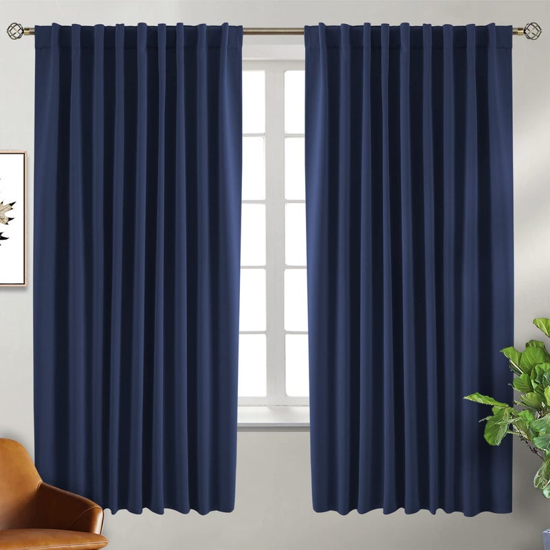 BGment Wide Blackout Curtains 63 inch - Rod Pocket and Back Tab Thermal Insulated Room Darkening Curtains for Living Room  70 x 63 Inch  Navy Blue  2 Window Panels - Image 1