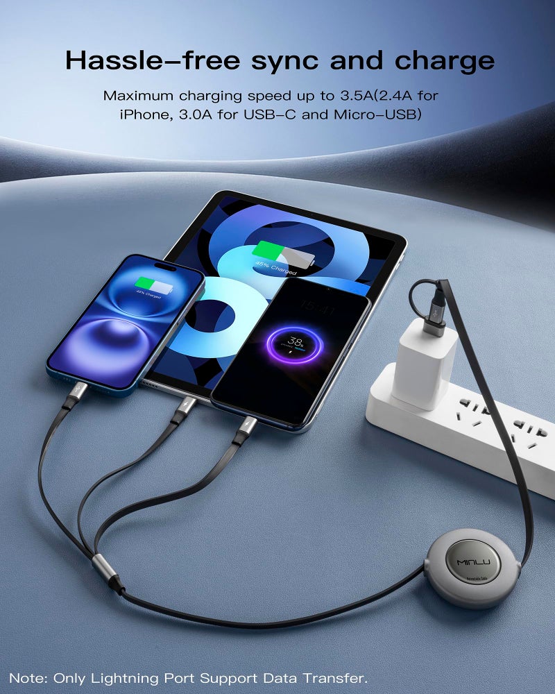 MINLU 3 in 2 Multi Charging Cable,2Pack 4Ft Retractable Chargers for All Devices,Multiple USBC Charger Cable Adapter with USB A/C to Lightning/USB C/Micro USB Port for iPhone 17/16/15/14/Samsung/PS - Image 3