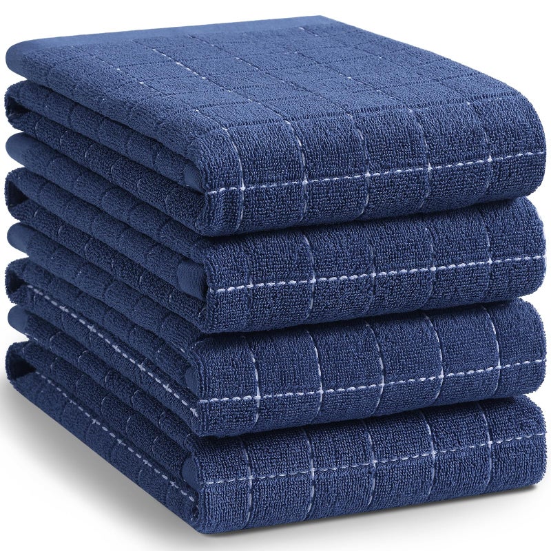 Homaxy 100% Cotton Terry Kitchen Towels(Navy Blue  20 x 28 inches)  Checkered Designed  Soft and Super Absorbent Dish Towels  Large 4 Pack - Image 1