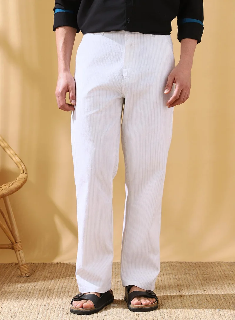 Dennis Lingo Men's White Cotton Blend Striped Full Length Casual Straight Trouser