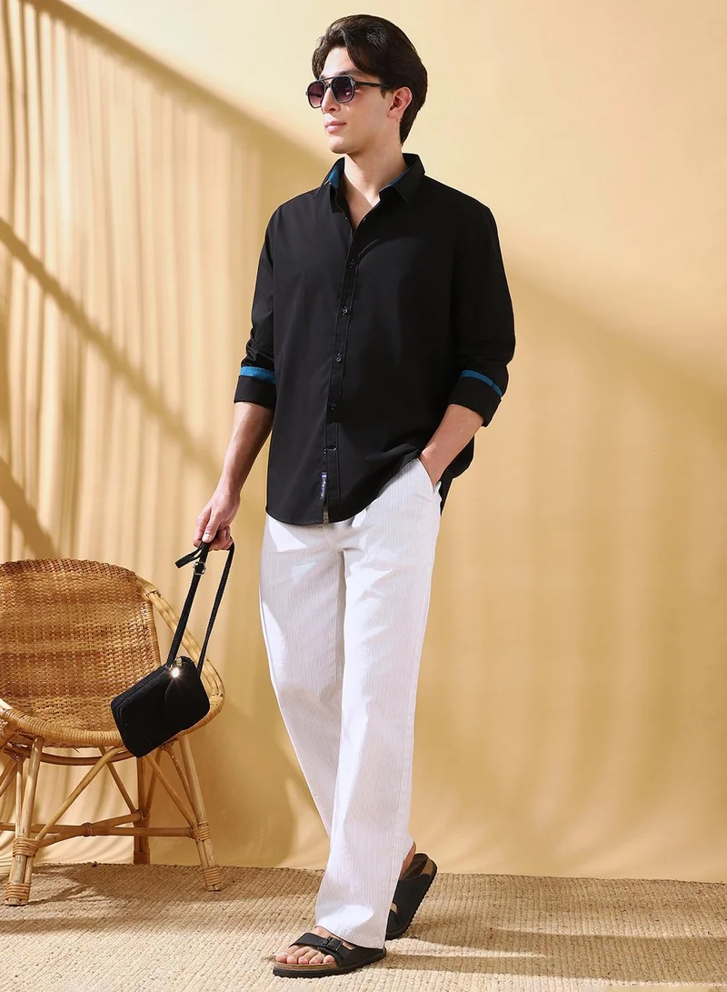 Dennis Lingo Men's White Cotton Blend Striped Full Length Casual Straight Trouser