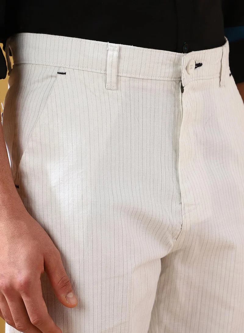 Dennis Lingo Men's White Cotton Blend Striped Full Length Casual Straight Trouser