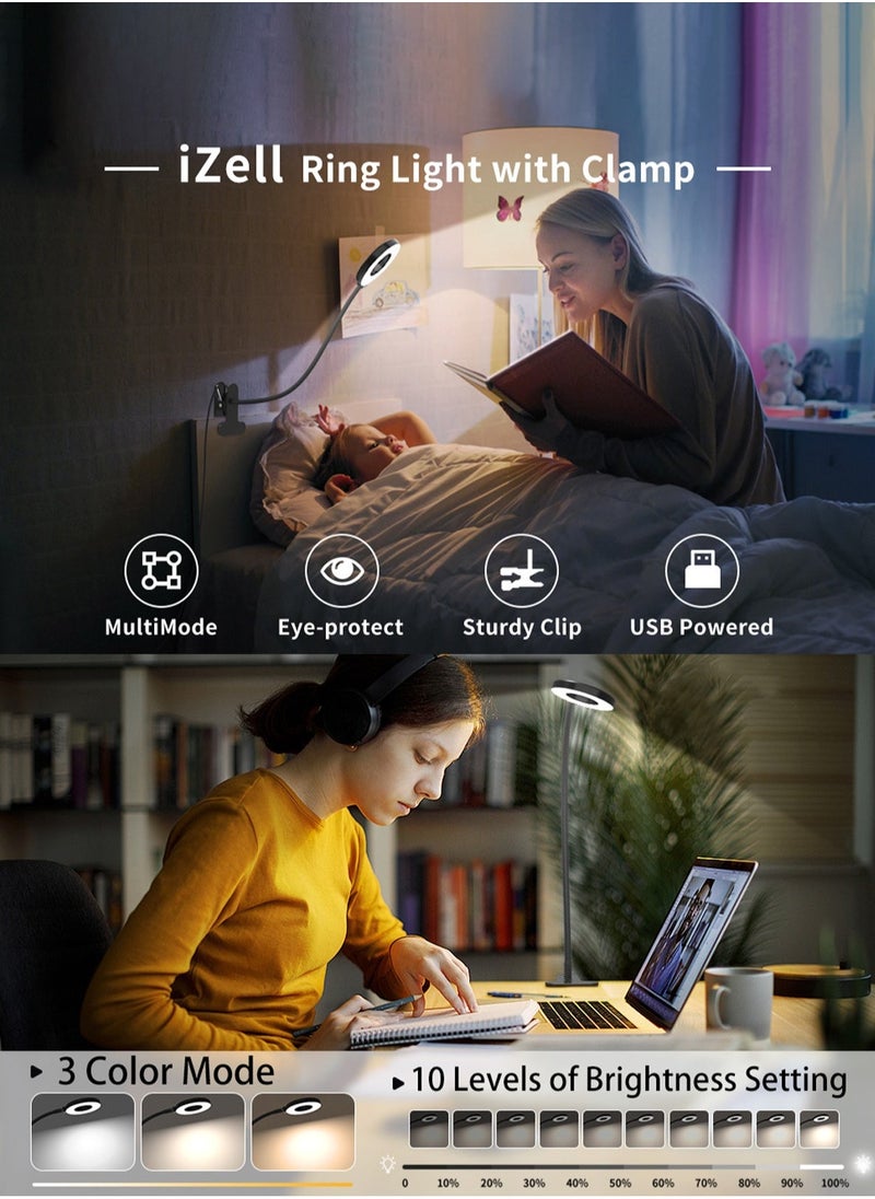 LOOPITYS - LED Clip Desk Lamp Reading Light Study Lamp Eye Care Protection with 10 Dimmable Brightness & 3 Light Modes USB Powered Flexible Gooseneck Clamp for Bed Headboard Table Office Lights - Image 1