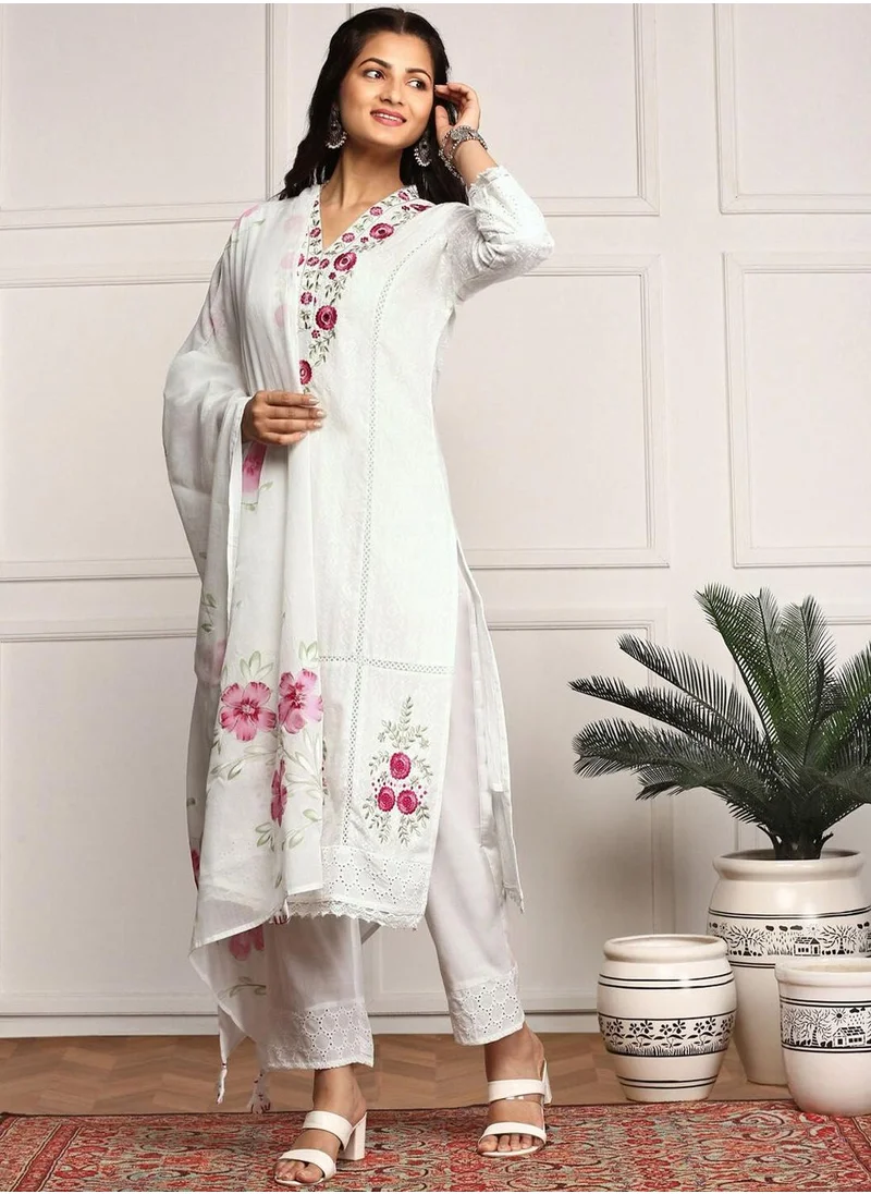 آي شين Women Off White Cotton Kurta Set With Dupatta