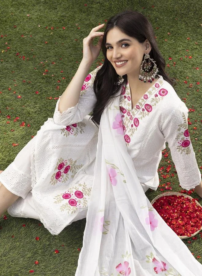 ISHIN Women's Off White 100% Cotton Embellished Full Length Palazzo Regular Fit Kurta Set