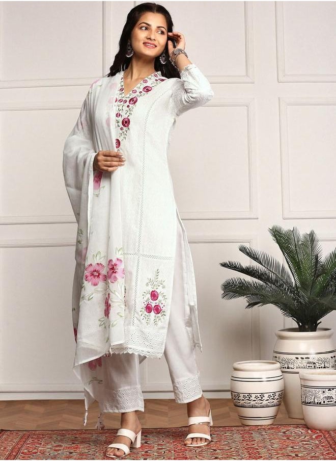 ISHIN Off White Kurta Set Straight Fit 3/4 Sleeve Sleeve made from Cotton featuring Self Design design and Round Neck neckline - Perfect for Ethinic!  - Image 1