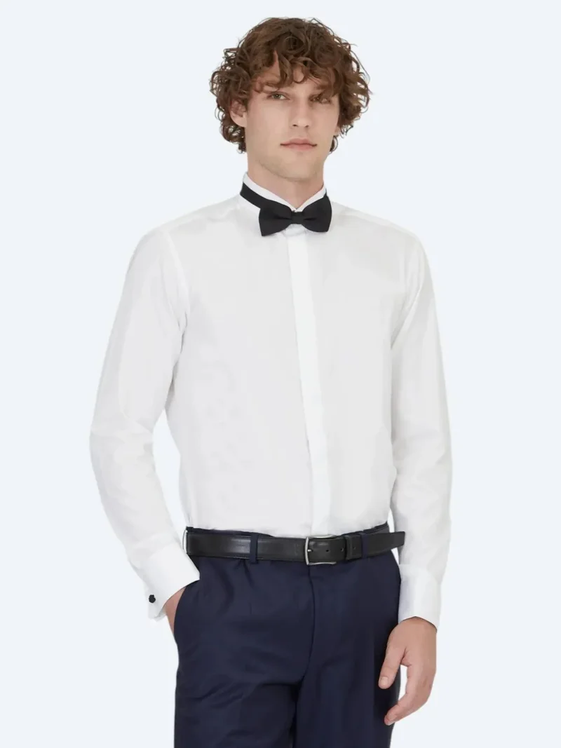 Kip White Plain Slim Fit Double Cuff Wing Collar Tuxedo Shirts