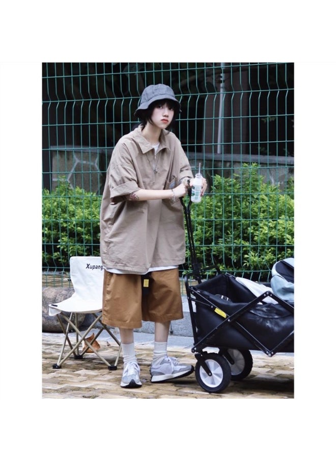 NIBEMINENT - Japanese style cityboy short sleeve mens fashion brand trendy shirt design sense American retro half zipper polo shirt shirtKhaki high quality Khaki high quality - Image 1