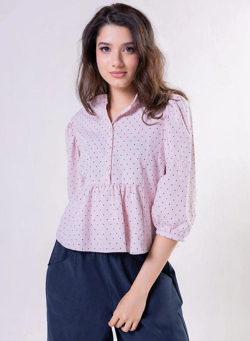 Zigzag Collar Band Attached Half Sleeve Cotton Top