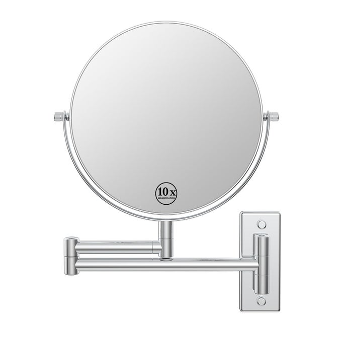 WALL MOUNTED MAKEUP MIRROR 10X1X DOUBLESIDED MAGNIFYING MIRROR 360 EXTENDABLE ARM BATHROOM MIRROR 8 INCH VANITY MIRROR FOR MAKEUP OR SHAVING CHROME FINISH