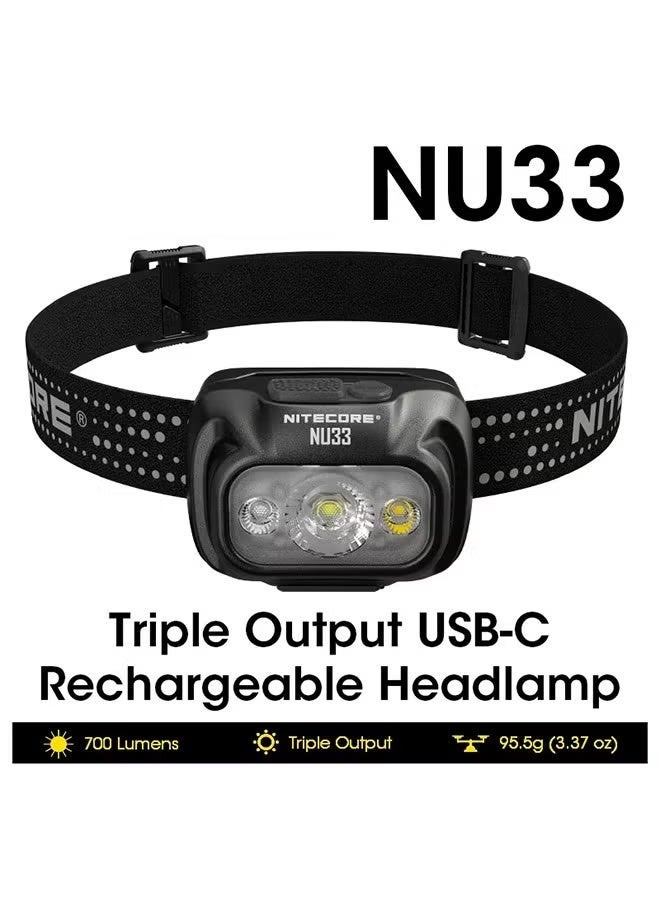نايت كور مصباح رأس قابل لإعادة الشحن عبر USB-C NITECORE NU33، بإخراج LED ثلاثي بقوة 700 لومن، ببطارية مدمجة سعة 2000 مللي أمبير في الساعة، مثالي للرحلة والتخييم والإضاءة أثناء العمل والصيد - Image 1