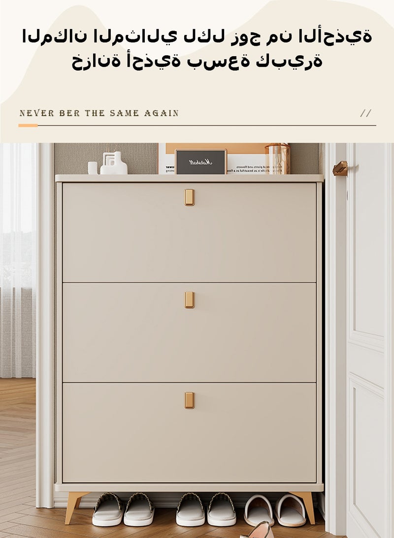 ويمارت خزانة أحذية فائقة النحافة بعمق 17 سم، مزودة بثلاثة أدراج قابلة للطي لتخزين الأحذية، رف أحذية خشبي أنيق للمدخل والممر، تصميم قائم بذاته موفر للمساحة، أبعاد 80 × 17 × 118 سم - أبيض/بلوط - Image 2