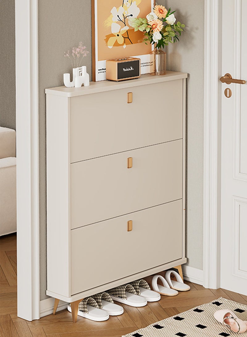 ويمارت خزانة أحذية فائقة النحافة بعمق 17 سم، مزودة بثلاثة أدراج قابلة للطي لتخزين الأحذية، رف أحذية خشبي أنيق للمدخل والممر، تصميم قائم بذاته موفر للمساحة، أبعاد 80 × 17 × 118 سم - أبيض/بلوط - Image 1