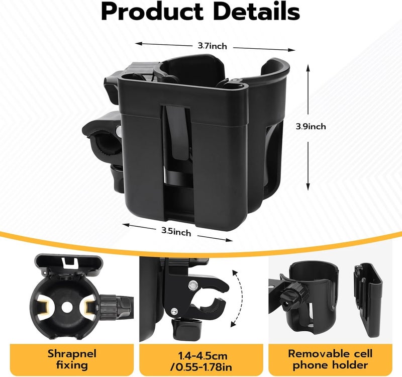 AUTOFIT 2pc Stroller Cup Holder with Phone Holder Removable 2in1 Drink Holder for Golf Cart Accessories 360  Rotatable Bottle Holder for Wheelchair Stroller BicycleScooter Walker - Image 3