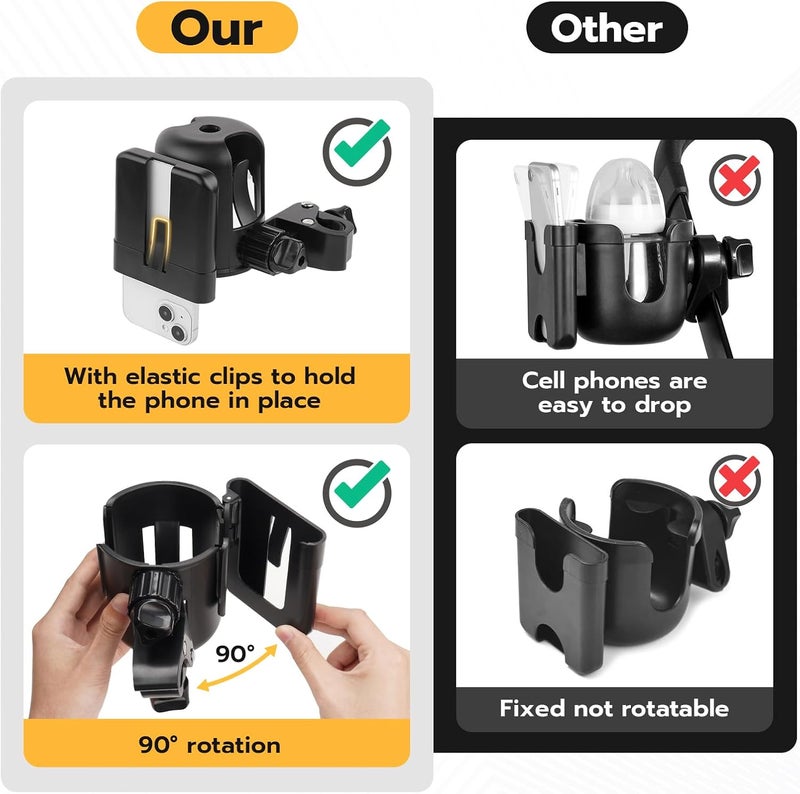 AUTOFIT 2pc Stroller Cup Holder with Phone Holder Removable 2in1 Drink Holder for Golf Cart Accessories 360  Rotatable Bottle Holder for Wheelchair Stroller BicycleScooter Walker - Image 4