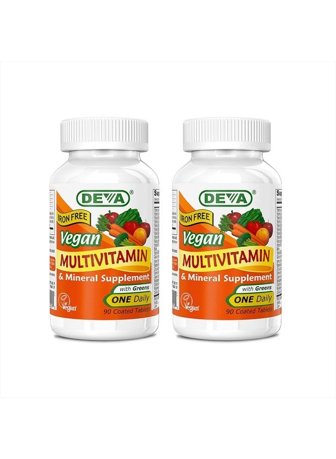 Deva Vegan Multivitamin and Mineral Supplement - One Daily Vitamin Formula with Greens - Iron Free - 90 Coated Tablets (Pack of 2) - Image 1