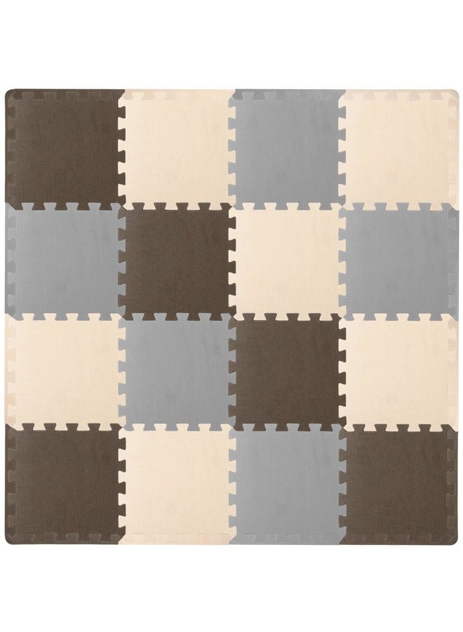 ProSource Foam Puzzle Floor Play Mat for Kids and Babies with Solid Colors, Interlocking Tiles with Borders, Brown/Beige/Grey - 16 Tiles - Image 1