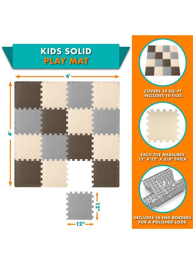 ProSource Foam Puzzle Floor Play Mat for Kids and Babies with Solid Colors, Interlocking Tiles with Borders, Brown/Beige/Grey - 16 Tiles - Image 2