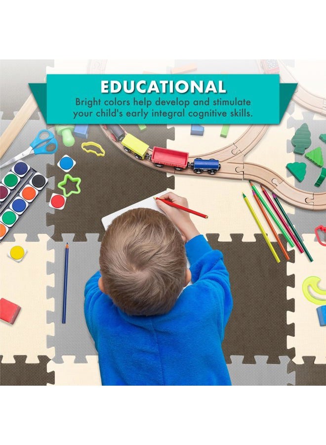 ProSource Foam Puzzle Floor Play Mat for Kids and Babies with Solid Colors, Interlocking Tiles with Borders, Brown/Beige/Grey - 16 Tiles - Image 3