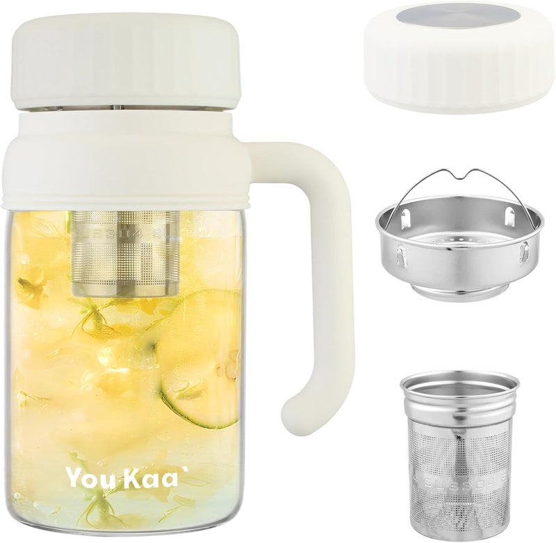 wangsdjy 32oz Glass Water Bottle, Tea Bottle with Infuser & Handle, BPA-Free Leakproof Wide Mouth Large Tea Infuser Bottle for Hot or Cold Drinks, Loose Tea, Fruit (White) - Image 1