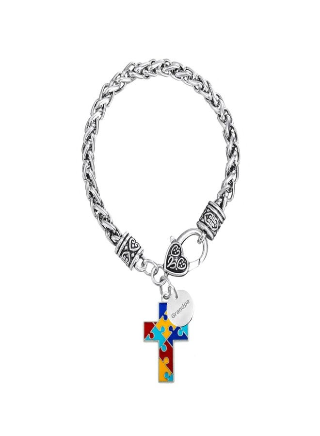 SBI Jewelry Cross Autism Bracelets for Women Adjustable Mom Grandma Dad Grandpa Jigsaw Puzzle Pendant Jesus God Heart Family Friends Stainless Steel (Grandpa Autism Bracelets) - Image 1