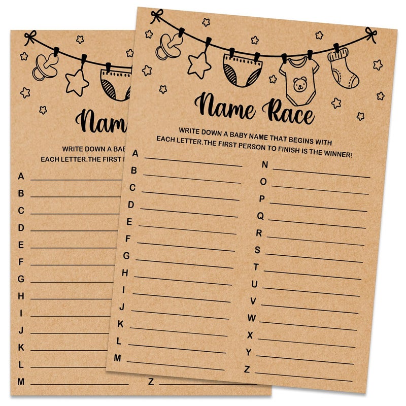 Misaidou Baby Shower Game, Name Race Game Cards, Baby Shower Party Games & Activities, Kraft - Image 1