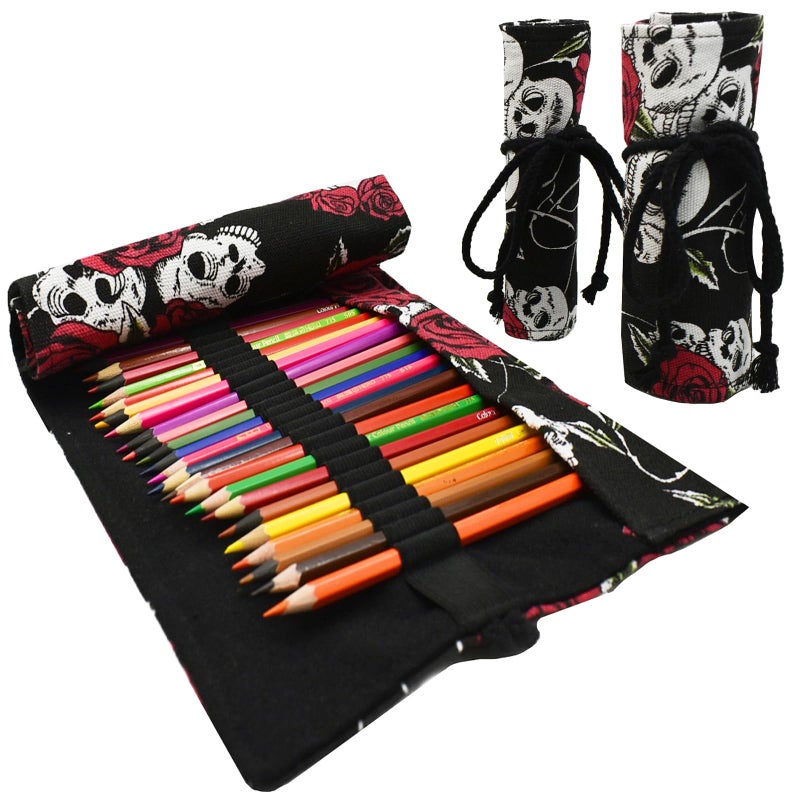 Lopenle Rose Pattern Colored Canvas Pencil Wrap Pencil Case Roll Up Holders Skull Pencil Organizers for Artist Adult Coloring Sketching Travel Storage With 72 Slots (Skull Rose) - Image 1
