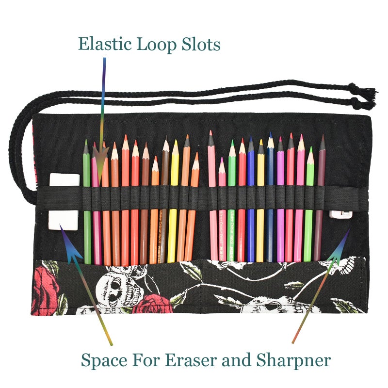 Lopenle Rose Pattern Colored Canvas Pencil Wrap Pencil Case Roll Up Holders Skull Pencil Organizers for Artist Adult Coloring Sketching Travel Storage With 72 Slots (Skull Rose) - Image 2