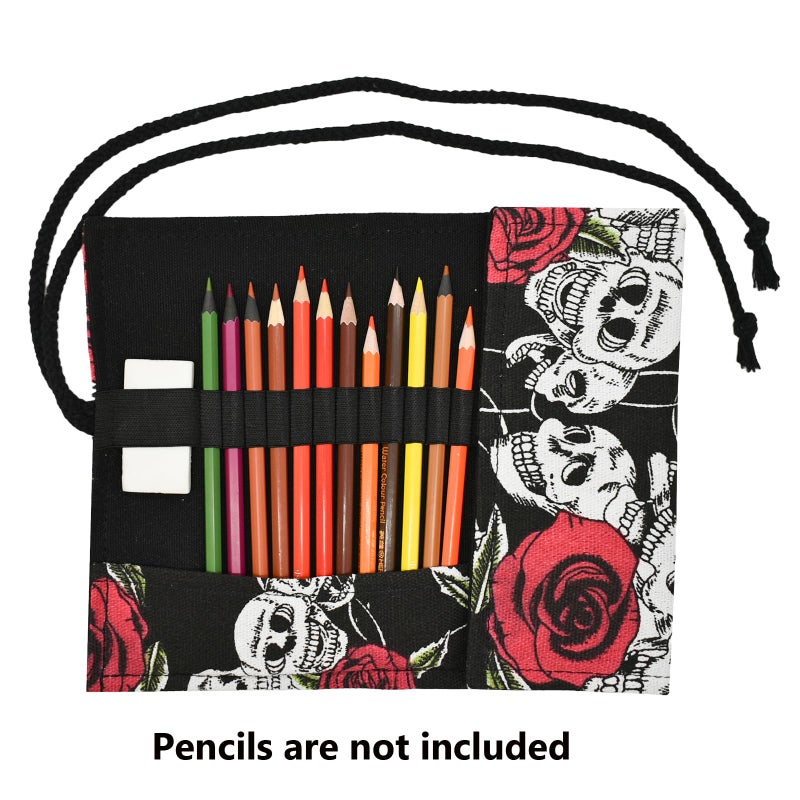 Lopenle Rose Pattern Colored Canvas Pencil Wrap Pencil Case Roll Up Holders Skull Pencil Organizers for Artist Adult Coloring Sketching Travel Storage With 72 Slots (Skull Rose) - Image 4