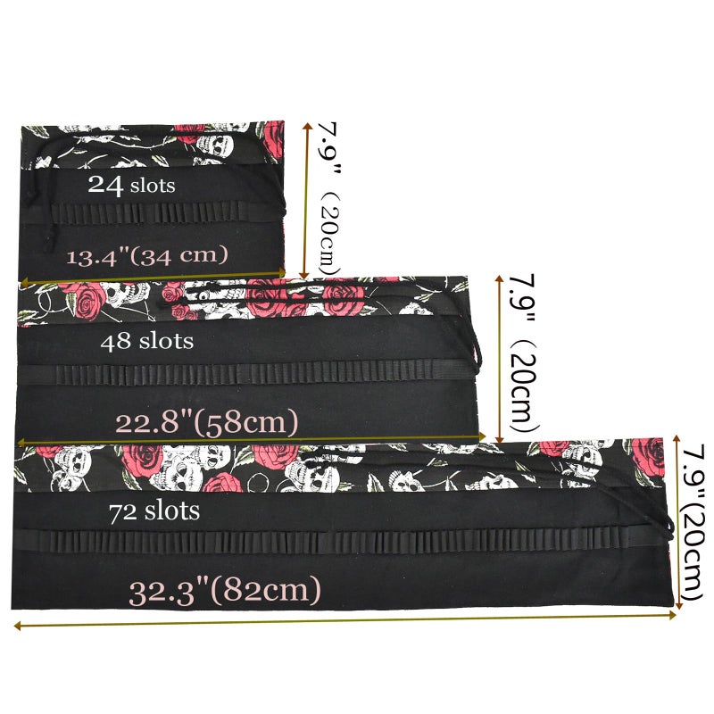 Lopenle Rose Pattern Colored Canvas Pencil Wrap Pencil Case Roll Up Holders Skull Pencil Organizers for Artist Adult Coloring Sketching Travel Storage With 72 Slots (Skull Rose) - Image 3