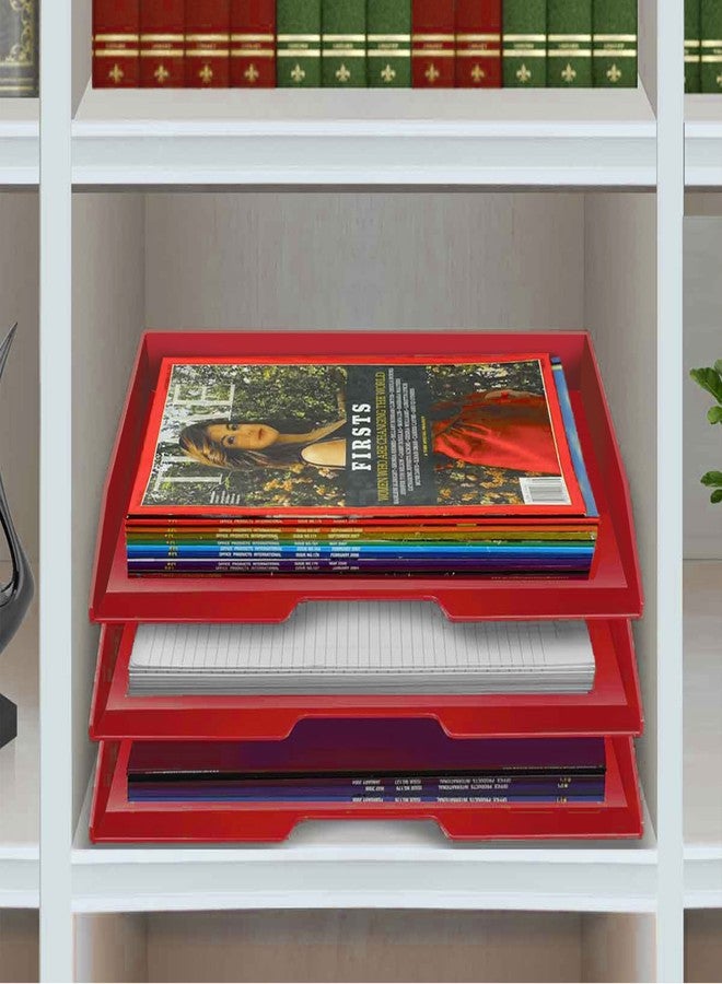 Acrimet 3 Tier Paper Organizer Letter Tray – Plastic Stackable Desk File Organizer, Side Load Paper Sorter for Letter/A4 Office File Folder Holder – Solid Red - Image 3