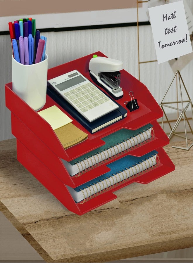 Acrimet 3 Tier Paper Organizer Letter Tray – Plastic Stackable Desk File Organizer, Side Load Paper Sorter for Letter/A4 Office File Folder Holder – Solid Red - Image 2