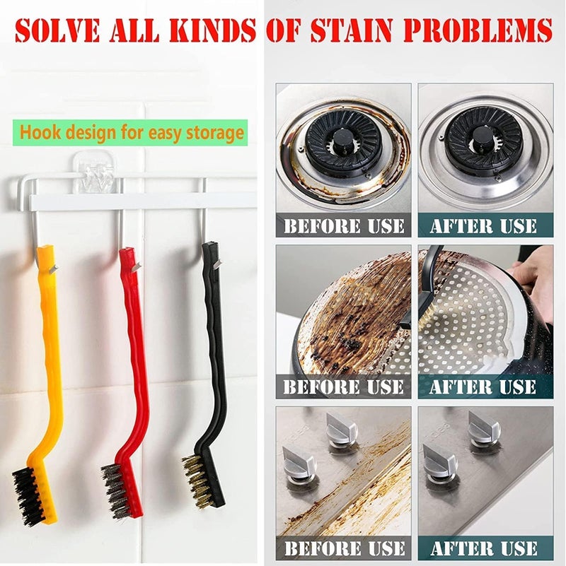 Txuolin 5Pcs Kitchen Stove Cleaning Brush + Scraper Tool Set, Heavy Duty Scraper for Gas Burners Cooktop Pot Pan Brass, Stainless Steel and Nylon Brush Head Brushes for Range Hood Grease Grime Cleaning Tools - Image 4