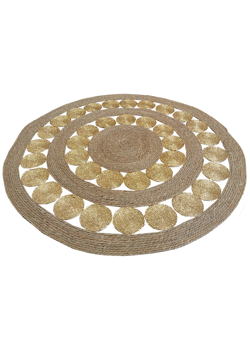 YINZUO - Handmade Round Jute and Gold Woven Rug - Natural Fiber Circle Mat for Bohemian Home Decor - Image 1