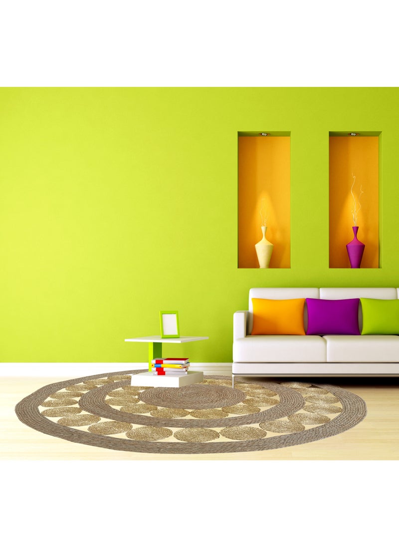 YINZUO - Handmade Round Jute and Gold Woven Rug - Natural Fiber Circle Mat for Bohemian Home Decor - Image 1