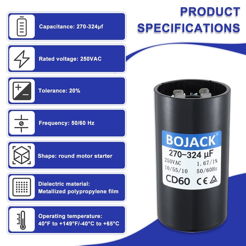 BOJACK 270-324 uF/MFD 250 VAC 50/60 Hz Universal Round Start Capacitor Electrical Replacement - Image 3