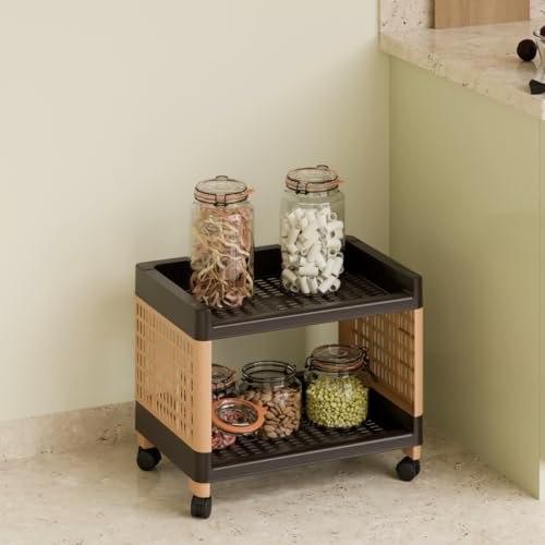Biltoxi Plastic Multipurpose Storage Racks | 2 Shelfs Storage Organizer Racks for Home, Kitchen, Bathroom | Kitchen Trolley Rack with Wheels (Brown and Ivory) - Image 1