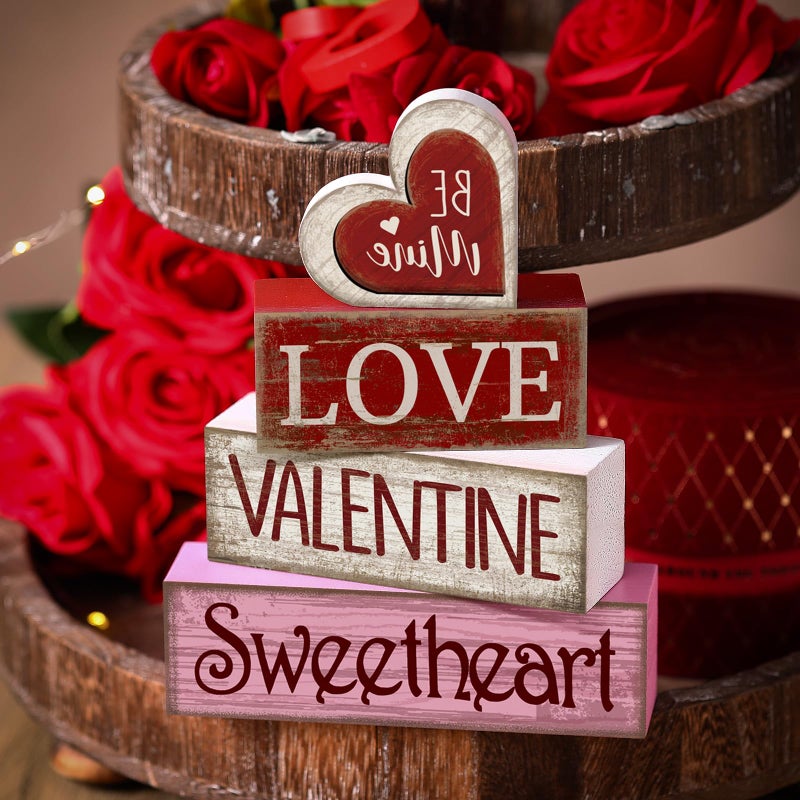 Lineshading 4 Pcs Valentine Table Decoration Wooden Be Mine Heart Decor Valentine Day Tiered Tray Decor Valentine's Day Centerpiece Red Pink White Heart Block Signs Gift for Farmhouse Home Kitchen - Image 2