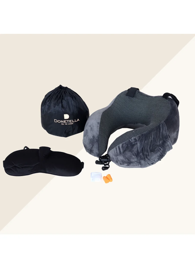 Donetella Luxury Memory Foam Travel Pillow, Dark Grey, Along With Ear Plugs And Eye Masks